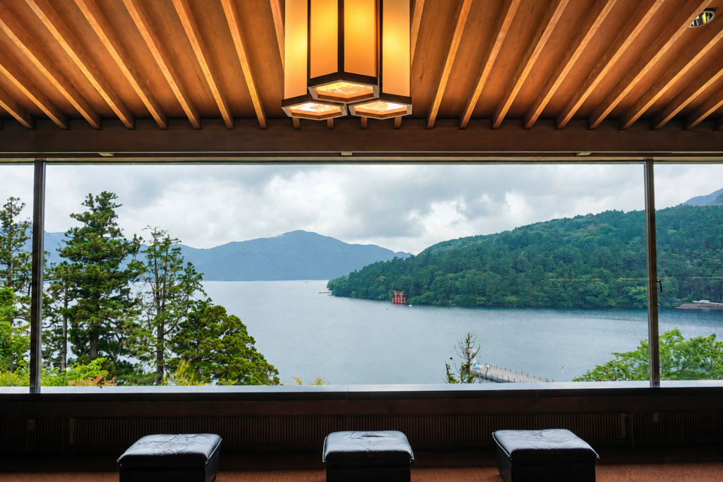 Panoramic view of Lake Ashi from the observation lounge at Narukawa Art Museum