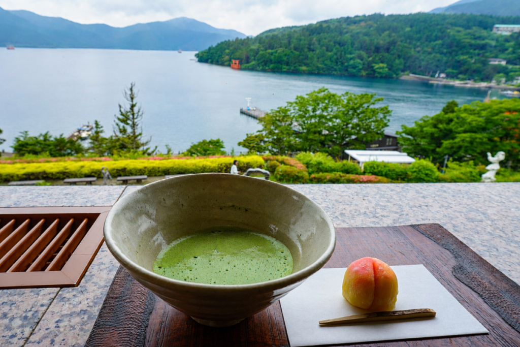 Matcha and Japanese sweets served with panoramic views of Lake Ashi