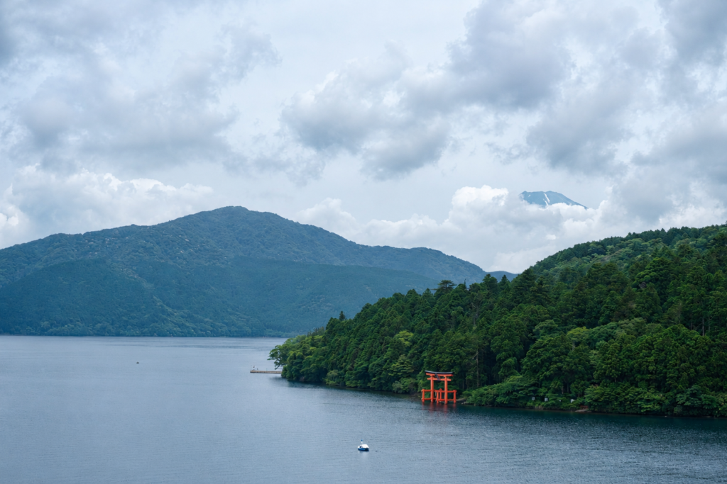 View of Lake Ashi and Hakone Shrine's torii gate from Narukawa Art Museum