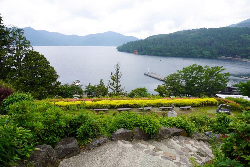 Panoramic view of Lake Ashi from the gardens of Narukawa Art Museum
