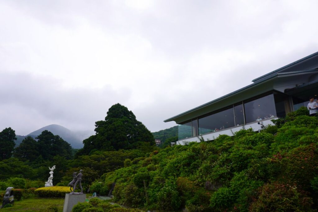 Exterior of Narukawa Art Museum and its tea lounge overlooking the gardens in Hakone