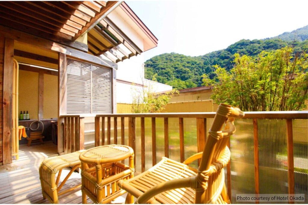 Private open-air bath terrace surrounded by Hakone's natural scenery at Hotel Okada (Photo courtesy of Hotel Okada)
