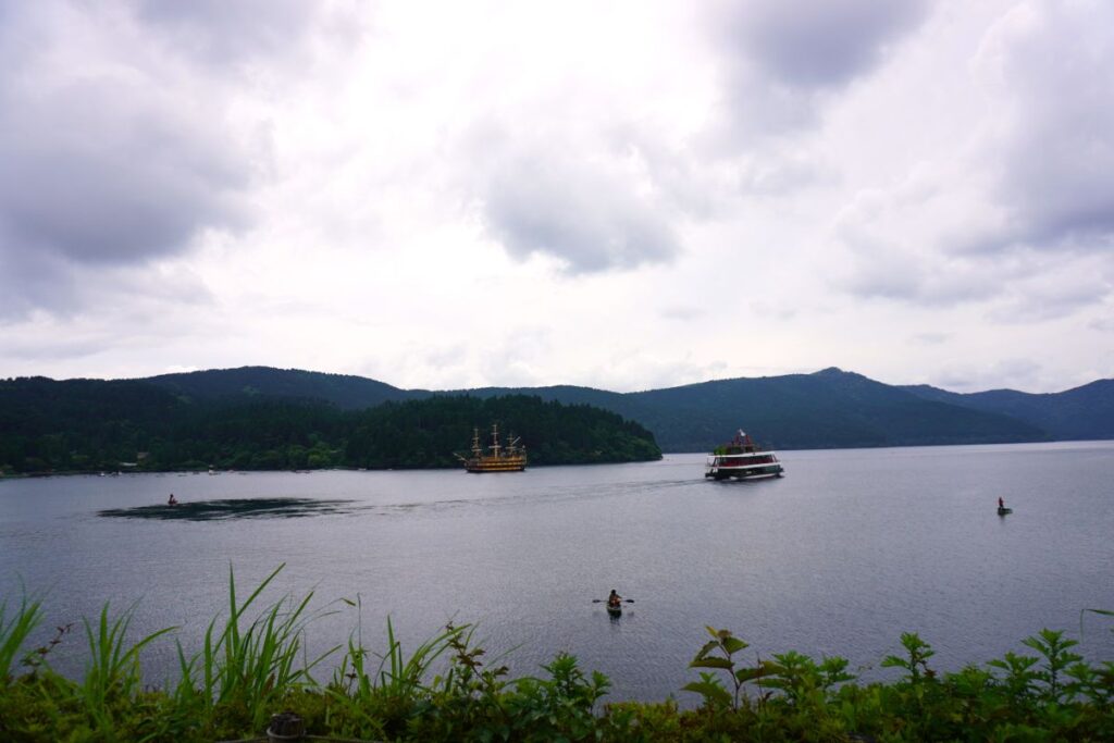 Pirate ship cruising across Lake Ashi as seen from Hakone Checkpoint.