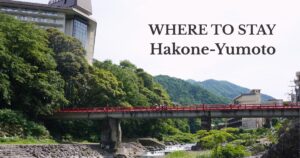 Red bridge over the Haya River with lush green mountains and hot spring hotels in Hakone-Yumoto, Japan