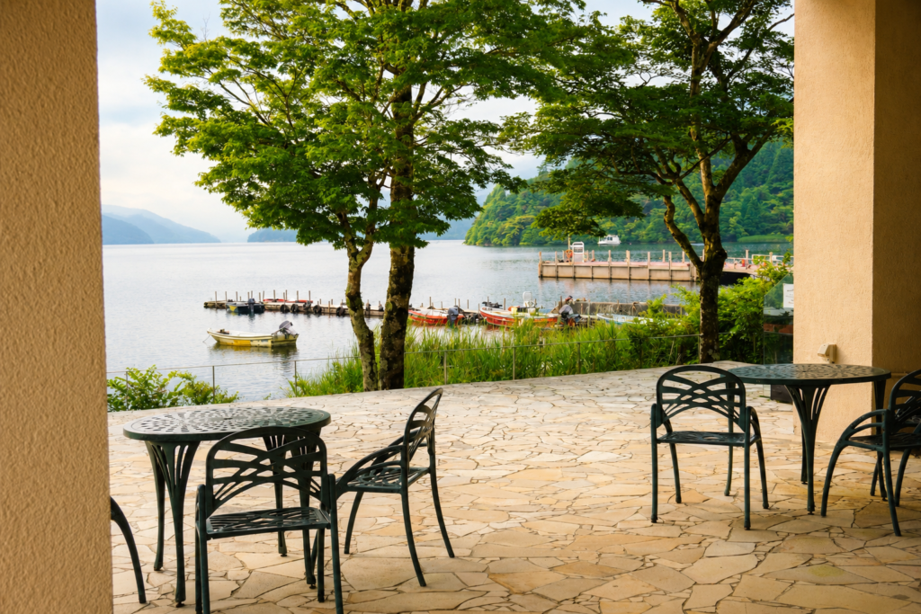Lake Ashi view from the terrace at Hakone Hotel in Moto-Hakone
