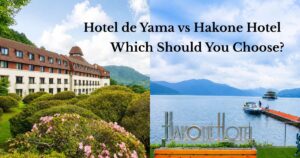 Hotel de Yama vs Hakone Hotel comparison showing Hotel de Yama's gardens and Hakone Hotel's Lake Ashi waterfront