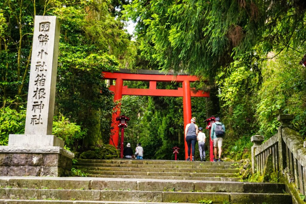 Stone steps leading to Hakone Shrine surrounded by cedar trees