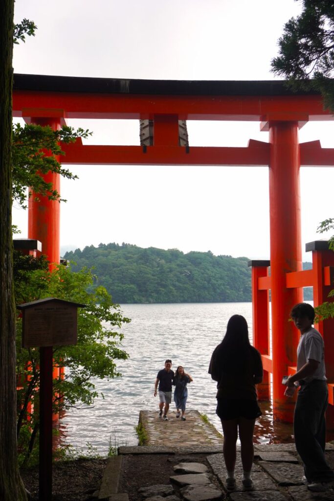 The lakeside torii gate of Hakone Shrine on the shore of Lake Ashi