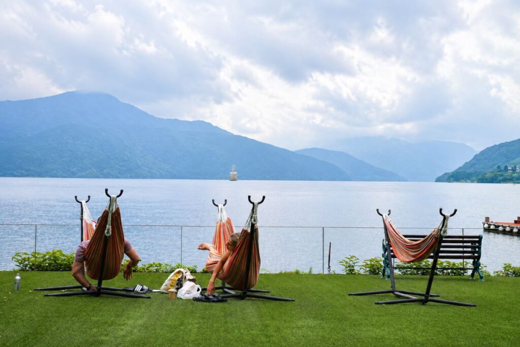 Lakefront garden with hammocks at Hakone Hotel