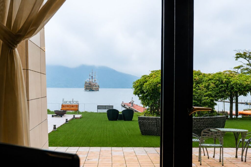 Lake Ashi view from Il Miraggio restaurant at Hakone Hotel