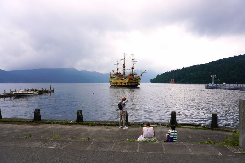 Hakone Sightseeing Cruise sailing across Lake Ashi near Moto-Hakone