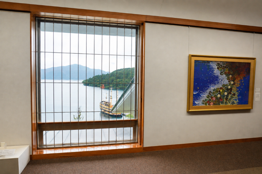 Panoramic window at Narukawa Art Museum overlooking Lake Ashi and the pirate ship