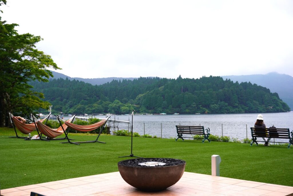 Hammocks overlooking Lake Ashi at Hakone Hotel