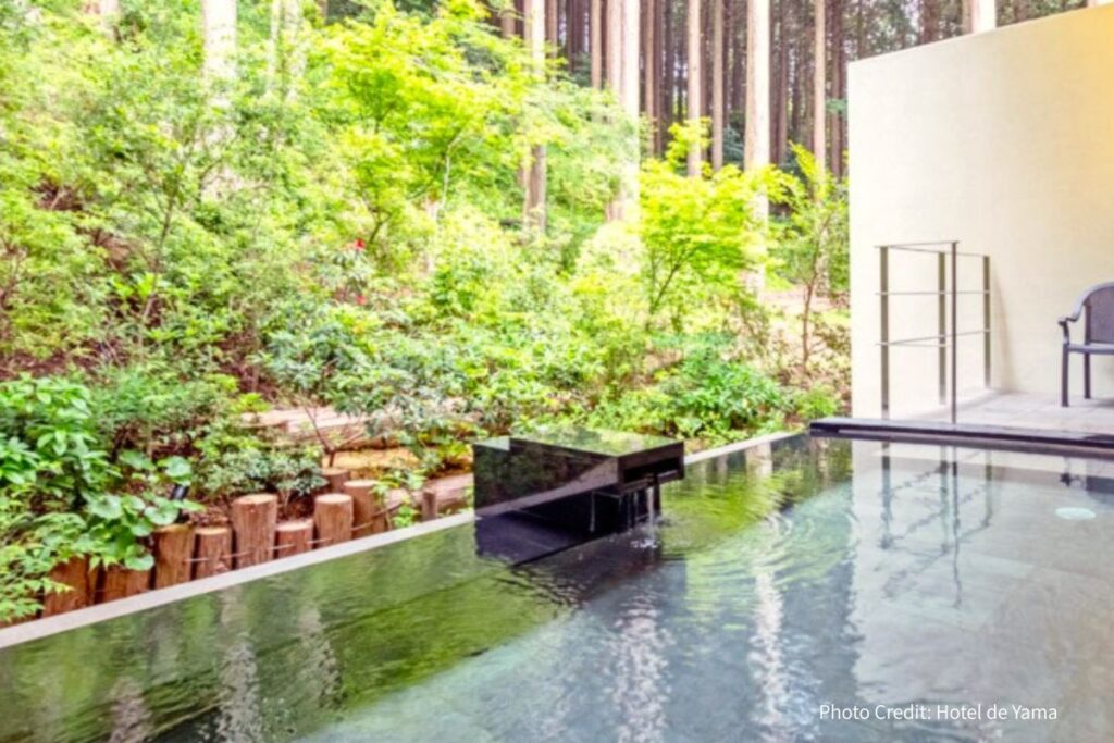 Open-air hot spring bath at Hotel de Yama surrounded by nature