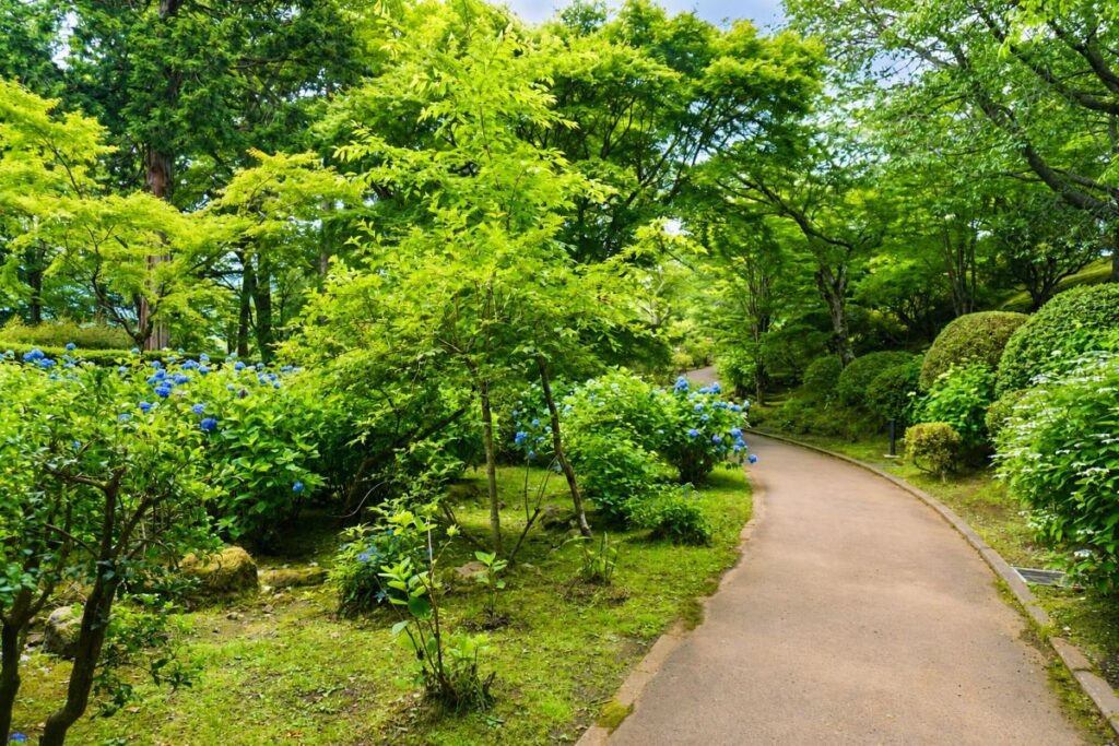 Walking path through the gardens at Hotel de Yama