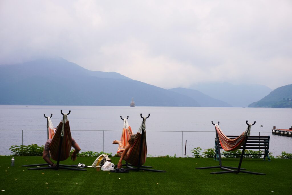 Hammocks overlooking Lake Ashi at Hakone Hotel