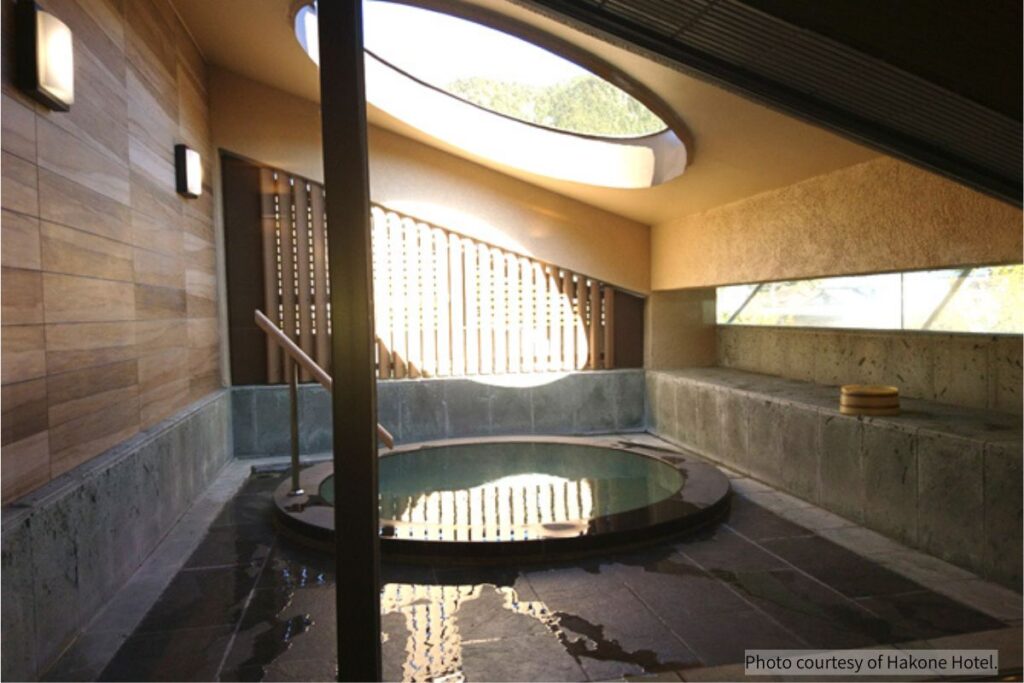 Outdoor hot spring bath at Taikan-no-Yu in Hakone Hotel