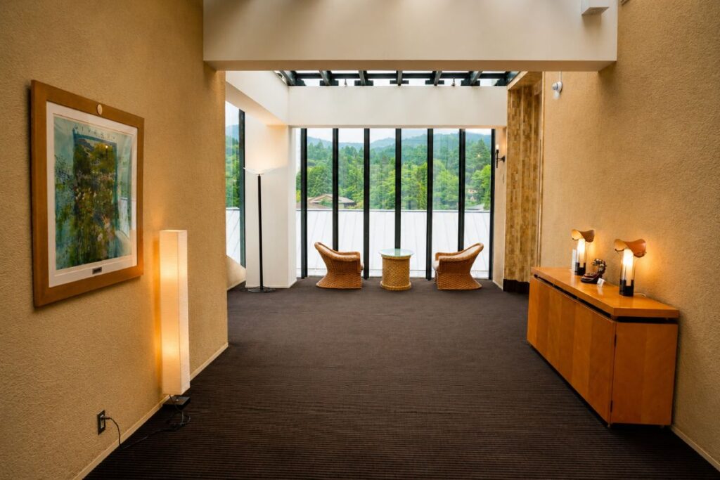 Quiet seating area overlooking Lake Ashi at Hakone Hotel