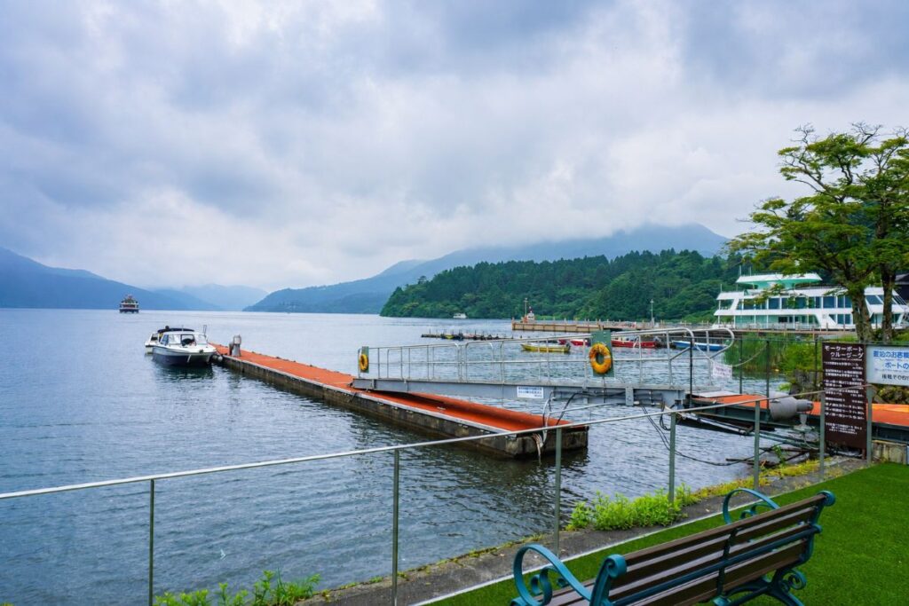 Lake Ashi viewed from Hakone Hotel with boats and a private pier